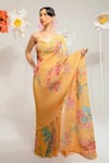 Buy_PREETI MEHTA_Yellow 100% Viscose Embroidered Stones Scoop Floral Print Saree With An Blouse _at_Aza_Fashions