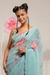 Shop_PREETI MEHTA_Green 100% Viscose Embroidered Stones Scoop Flora Print Saree With Blouse _Online_at_Aza_Fashions