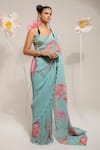 Buy_PREETI MEHTA_Green 100% Viscose Embroidered Stones Scoop Flora Print Saree With Blouse 