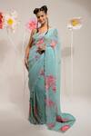 Buy_PREETI MEHTA_Green 100% Viscose Embroidered Stones Scoop Flora Print Saree With Blouse _at_Aza_Fashions