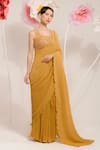 Shop_PREETI MEHTA_Yellow Georgette Viscose 60% Embroidered Sequin Pleated Saree With Flora Blouse _Online_at_Aza_Fashions