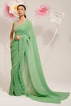 Buy_PREETI MEHTA_Green Georgette Viscose 60% Embroidered Sequin Pleated Saree With Flower Blouse _Online_at_Aza_Fashions