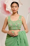 Buy_PREETI MEHTA_Green Georgette Viscose 60% Embroidered Sequin Pleated Saree With Flower Blouse 