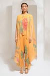 PREETI MEHTA_Yellow Lurex Chinon In 60% And 40% Polyester Printed Floral Cape Kaftan With Pant _Online_at_Aza_Fashions