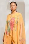 Buy_PREETI MEHTA_Yellow Lurex Chinon In 60% And 40% Polyester Printed Floral Cape Kaftan With Pant _Online_at_Aza_Fashions