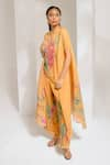 PREETI MEHTA_Yellow Lurex Chinon In 60% And 40% Polyester Printed Floral Cape Kaftan With Pant _at_Aza_Fashions