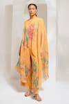 Buy_PREETI MEHTA_Yellow Lurex Chinon In 60% And 40% Polyester Printed Floral Cape Kaftan With Pant _at_Aza_Fashions