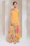 PREETI MEHTA_Yellow Georgette Viscose 60% Printed Floral Notched A-line Kurta With Pant _Online_at_Aza_Fashions