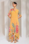 Buy_PREETI MEHTA_Yellow Georgette Viscose 60% Printed Floral Notched A-line Kurta With Pant _at_Aza_Fashions