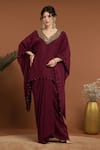 Buy_RIRASA_Maroon Lurex Crepe Embroidered Bead V Neck Sequin Kaftan And Draped Skirt Set _at_Aza_Fashions