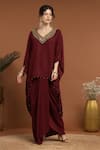 RIRASA_Maroon Lurex Crepe Embroidered Bead V Neck Sequin Kaftan And Draped Skirt Set _Online_at_Aza_Fashions