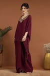 Shop_RIRASA_Maroon Lurex Crepe Embroidered Bead V Neck Sequin Kaftan And Draped Skirt Set _Online_at_Aza_Fashions