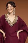 Buy_RIRASA_Maroon Lurex Crepe Embroidered Bead V Neck Sequin Kaftan And Draped Skirt Set 