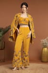 RIRASA_Yellow Crepe Embroidered Thread Blouse Sweetheart Jacket Pant Set _at_Aza_Fashions