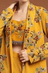 Shop_RIRASA_Yellow Crepe Embroidered Thread Blouse Sweetheart Jacket Pant Set 