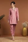 RIRASA_Pink Silk Embroidered Sequin Notched Neckline Kurta And Pant Set _Online_at_Aza_Fashions