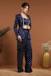 Shop_RIRASA_Blue Satin Embroidered Sequin Jacket Shawl Collar Work Pant Set _Online_at_Aza_Fashions