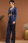 RIRASA_Blue Satin Embroidered Sequin Jacket Shawl Collar Work Pant Set _at_Aza_Fashions