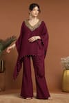 Buy_RIRASA_Wine Lurex Crepe Embroidered Sequin V Asymmetric Neckline Kaftan And Pant Set _at_Aza_Fashions