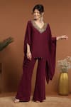 Buy_RIRASA_Wine Lurex Crepe Embroidered Sequin V Asymmetric Neckline Kaftan And Pant Set _Online_at_Aza_Fashions