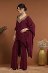 Shop_RIRASA_Wine Lurex Crepe Embroidered Sequin V Asymmetric Neckline Kaftan And Pant Set _Online_at_Aza_Fashions