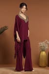 RIRASA_Wine Lurex Crepe Embroidered Sequin V Asymmetric Neckline Kaftan And Pant Set _at_Aza_Fashions