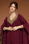 Buy_RIRASA_Wine Lurex Crepe Embroidered Sequin V Asymmetric Neckline Kaftan And Pant Set 