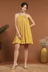 Buy_RIRASA_Yellow Lurex Georgette Halter Shimmer Gathered Short Dress _at_Aza_Fashions