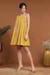 Buy_RIRASA_Yellow Lurex Georgette Halter Shimmer Gathered Short Dress _Online_at_Aza_Fashions