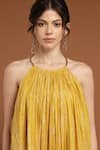 Shop_RIRASA_Yellow Lurex Georgette Halter Shimmer Gathered Short Dress _Online_at_Aza_Fashions