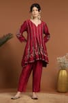 Buy_RIRASA_Red Silk Blend Embroidered Sequin Notched Panelled Asymmetric Kurta And Pant Set _at_Aza_Fashions