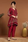 RIRASA_Red Silk Blend Embroidered Sequin Notched Panelled Asymmetric Kurta And Pant Set _at_Aza_Fashions