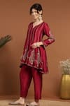 Buy_RIRASA_Red Silk Blend Embroidered Sequin Notched Panelled Asymmetric Kurta And Pant Set 