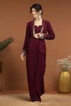 Buy_RIRASA_Wine Lurex Crepe Embroidered Sequin Jacket Shawl Collar Draped Skirt Set _at_Aza_Fashions