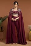 Buy_RIRASA_Wine Crepe Embroidered Sequin Blouse Straight Long Cape Pant Set _at_Aza_Fashions