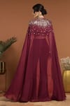 Shop_RIRASA_Wine Crepe Embroidered Sequin Blouse Straight Long Cape Pant Set _at_Aza_Fashions