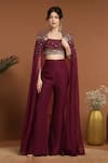 Buy_RIRASA_Wine Crepe Embroidered Sequin Blouse Straight Long Cape Pant Set _Online_at_Aza_Fashions