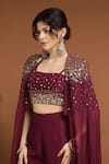 RIRASA_Wine Crepe Embroidered Sequin Blouse Straight Long Cape Pant Set _at_Aza_Fashions