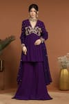 Buy_RIRASA_Purple Georgette Embroidery Mirror V Neck Gulshan Aliya Cut Kurta Sharara Set _Online_at_Aza_Fashions