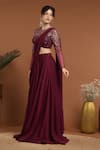 Shop_RIRASA_Wine Lurex Crepe Embroidery Beads Celeste Blouse With Pre-draped Lehenga Saree _Online_at_Aza_Fashions