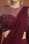 RIRASA_Wine Lurex Crepe Embroidery Beads Celeste Blouse With Pre-draped Lehenga Saree _at_Aza_Fashions