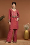 Buy_RIRASA_Orange Tissue Embroidery Ghungroo V Neck And Sequin Embellished Kurta With Pant _at_Aza_Fashions