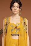 RIRASA_Yellow Crepe Embroidery Thread Open Neck Ambrosia Cape And Draped Skirt Set _Online_at_Aza_Fashions