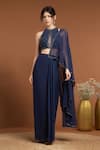 RIRASA_Blue Georgette Embroidery Nalki Halter Neck Florin Pre-draped Saree With Blouse _Online_at_Aza_Fashions