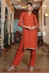 Buy_RIRASA_Orange Organza Embroidery Bead Split V Spluttered And Sequin Kurta With Pant _at_Aza_Fashions