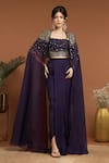 RIRASA_Purple Organza Embroidery Bead Galactic And Sequin Cape & Draped Skirt Set _at_Aza_Fashions