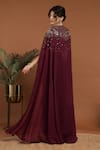 Shop_RIRASA_Maroon Organza Embroidery Bead Square Celeste And Sequin Cape & Draped Skirt Set _at_Aza_Fashions