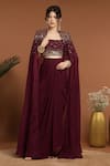 RIRASA_Maroon Organza Embroidery Bead Square Celeste And Sequin Cape & Draped Skirt Set _Online_at_Aza_Fashions