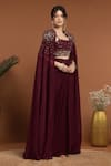 Buy_RIRASA_Maroon Organza Embroidery Bead Square Celeste And Sequin Cape & Draped Skirt Set _Online_at_Aza_Fashions