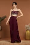 RIRASA_Maroon Organza Embroidery Bead Square Celeste And Sequin Cape & Draped Skirt Set _at_Aza_Fashions